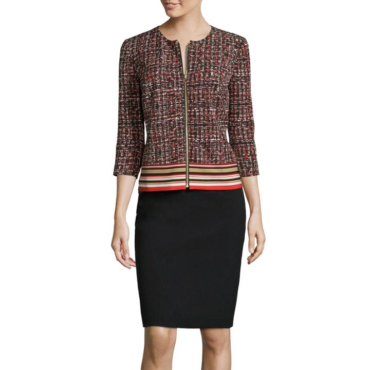 R & K Originals 3/4-sleeve Border Print Zipper Close Jacket And Skirt Suit