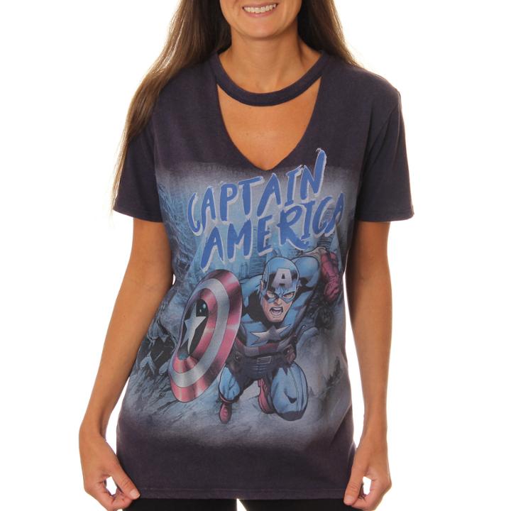 Marvel Juniors' Captain America Action Shot Cutoutv-neck Short Sleeve Graphic T-shirt