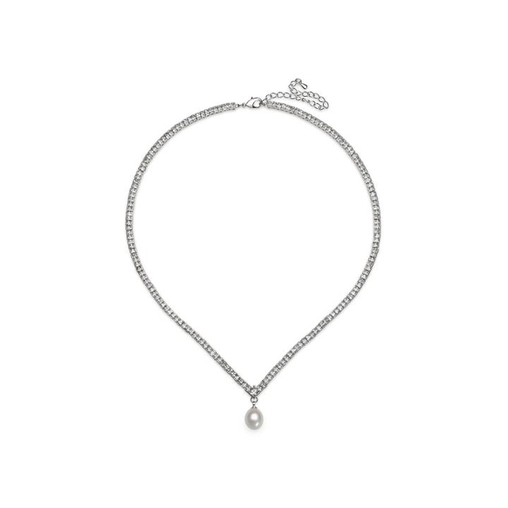 Silver Over Brass Cultured Freshwater Pearl And Cubic Zirconia Bridal Pendant Necklace
