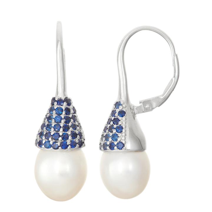 White Cultured Freshwater Pearl & Lab-created Sapphire Sterling Silver Earrings
