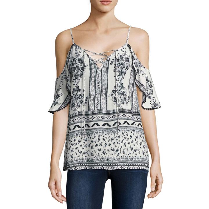 Trixxi Short Sleeve Scoop Neck Crepe Geo Linear Blouse-juniors