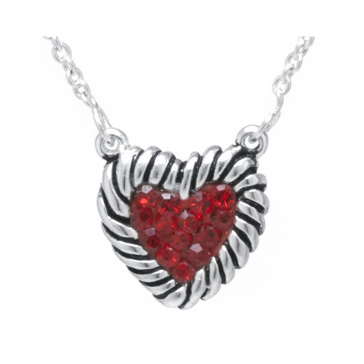 Sterling Silver-plated Brass Red Crystal Heart Rope Border Pendant Necklace