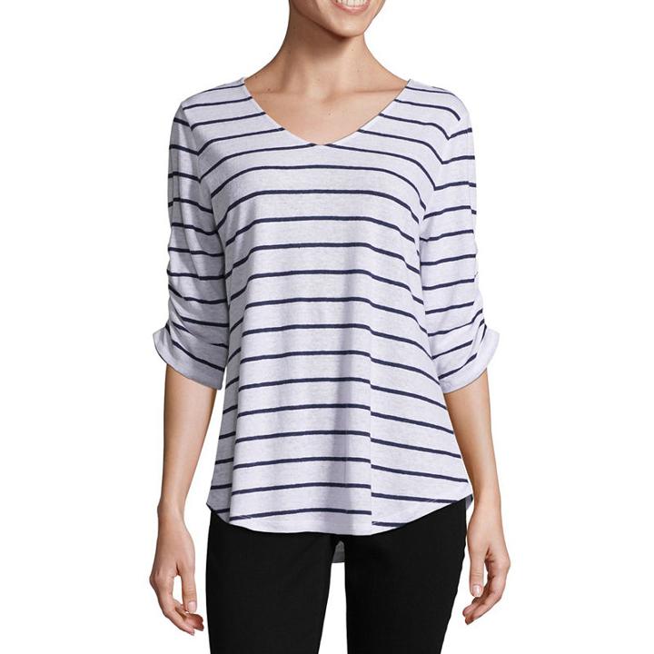 Liz Claiborne Ruched Sleeve V Neck Stripe T-shirt-womens