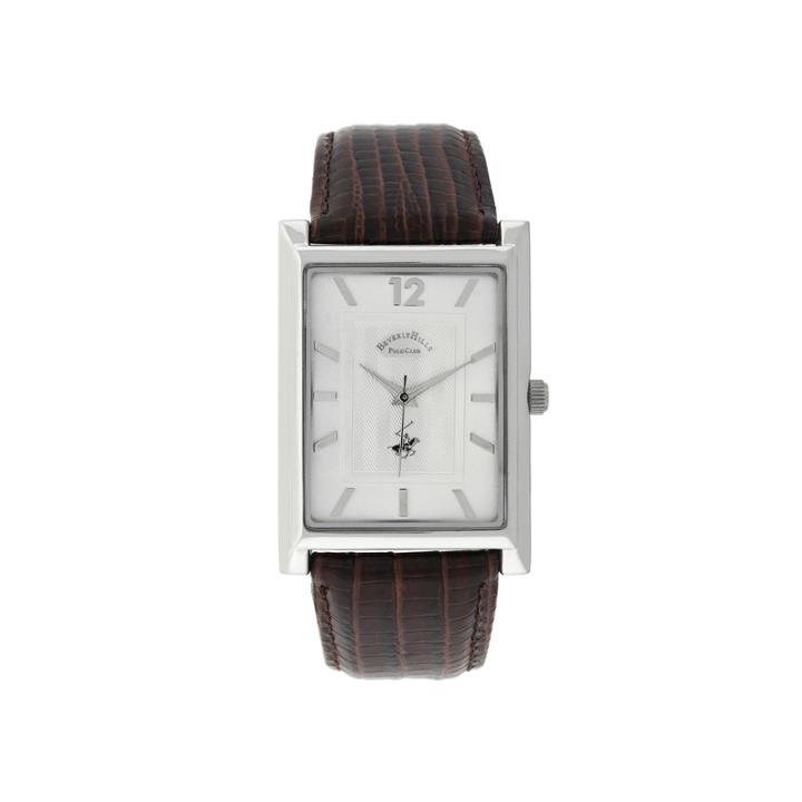 Beverly Hills Polo Club Mens Silver Tone Tank Brown Strap Watches