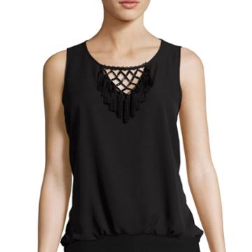 By & By Sleeveless Beaded Fringe Bubble-hem Top