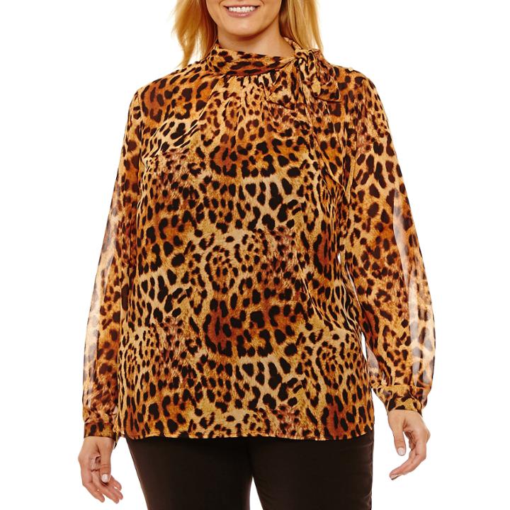 Liz Claiborne Signature Collection Long Sleeve Tie Neck Woven Blouse-plus