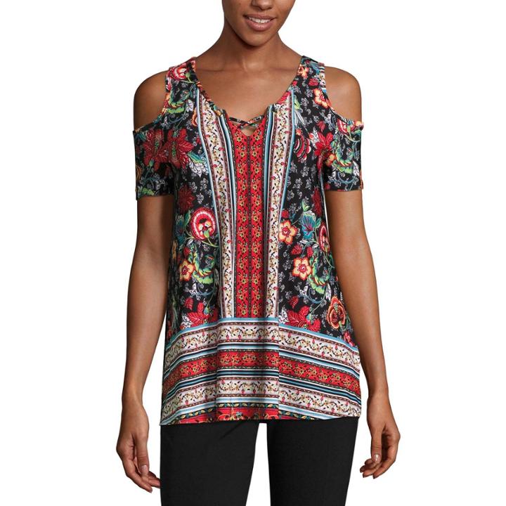 By & By Short Sleeve U Neck Knit Bordered Blouse-juniors