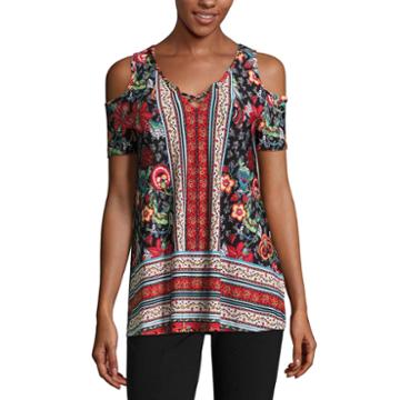 By & By Short Sleeve U Neck Knit Bordered Blouse-juniors