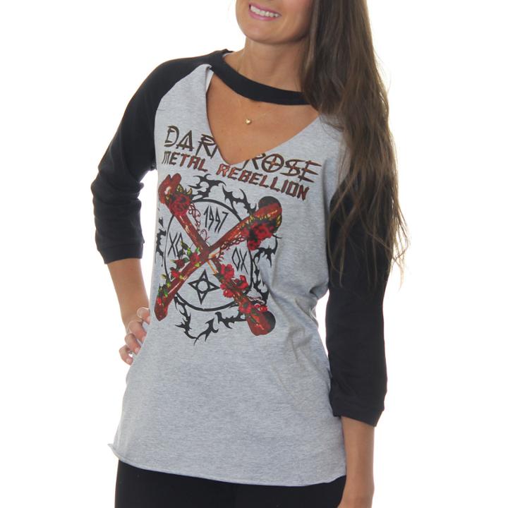 Freeze Juniors' Dark Rose Metal Rebellion Raglanchoker 3/4 Sleeve Graphic Top