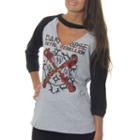 Freeze Juniors' Dark Rose Metal Rebellion Raglanchoker 3/4 Sleeve Graphic Top
