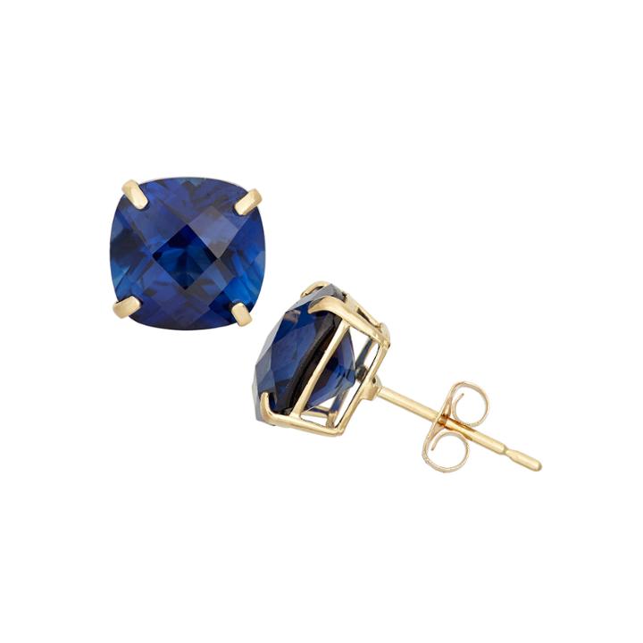 Cushion Blue Sapphire 10k Gold Stud Earrings
