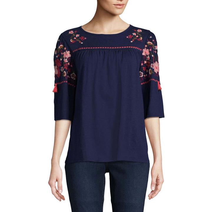 St. John's Bay Elbow Sleeve Crew Neck Embroidered Tee - Tall