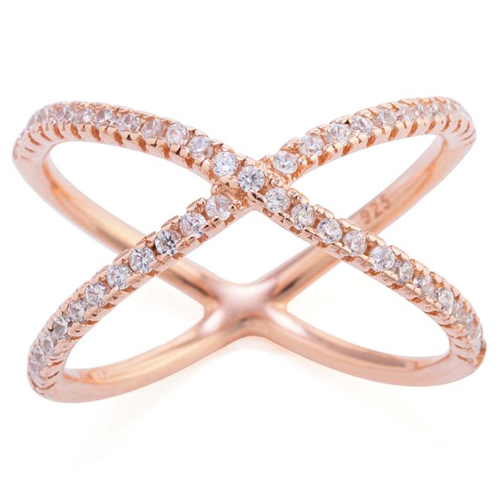 Silver Treasures Womens Clear 14k Crossover Ring