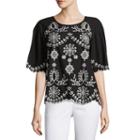 Liz Claiborne Elbow Sleeve Round Neck Knit Embroidered Blouse