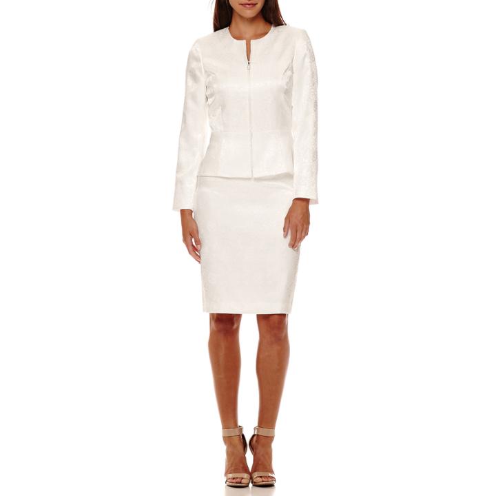Chelsea Rose Long-sleeve Jacquard Skirt Suit With Faux-pearl Zipper