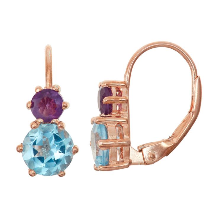 Genuine London Blue Topaz & Genuine Amethyst 14k Rose Gold Over Silver Earrings