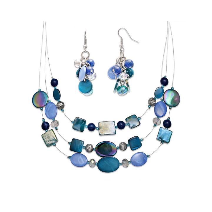 Mixit&trade; Blue And Silver-tone Shell Cluster Earring And 3-row Illusion Necklace Set