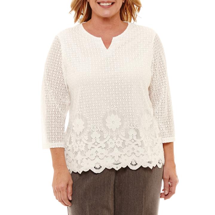 Alfred Dunner Lakeshore Drive 3/4 Sleeve Split Crew Neck T-shirt-womens Plus