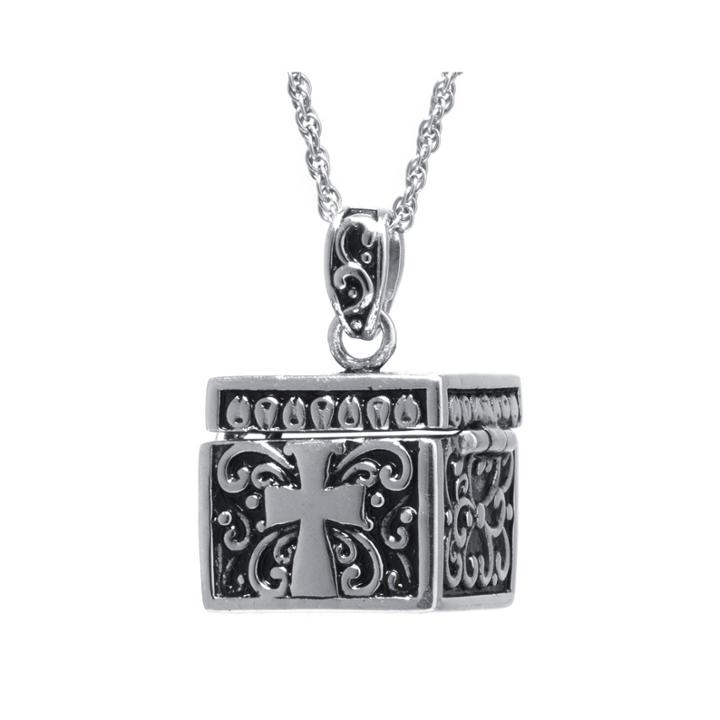 Sterling Silver Square Cross Prayer Box Pendant Necklace