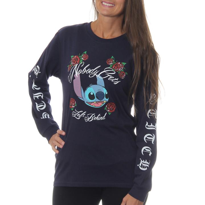 Lilo & Stitch Juniors' Nobody Gets Left Behind With Roses Long Sleeve Graphic T-shirt With White Flocking