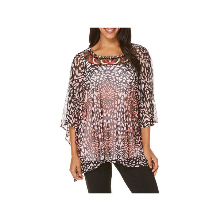 Rafaella Short Sleeve Crew Neck Mesh Animal Blouse
