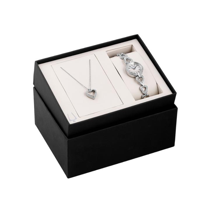Bulova Womens Silver-tone Watch And Pendant Necklace Heart Box Set