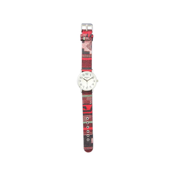 Olivia Pratt Womens Silver-tone Faux Mop Dial Red-grey Patterned Fabric Strap Watch 10352tr