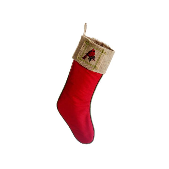 19 Red Cardinal & Holly Leaf Country Burlap Christmas Stocking