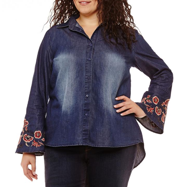 Long Bell Sleeve Button Up Shirt-plus