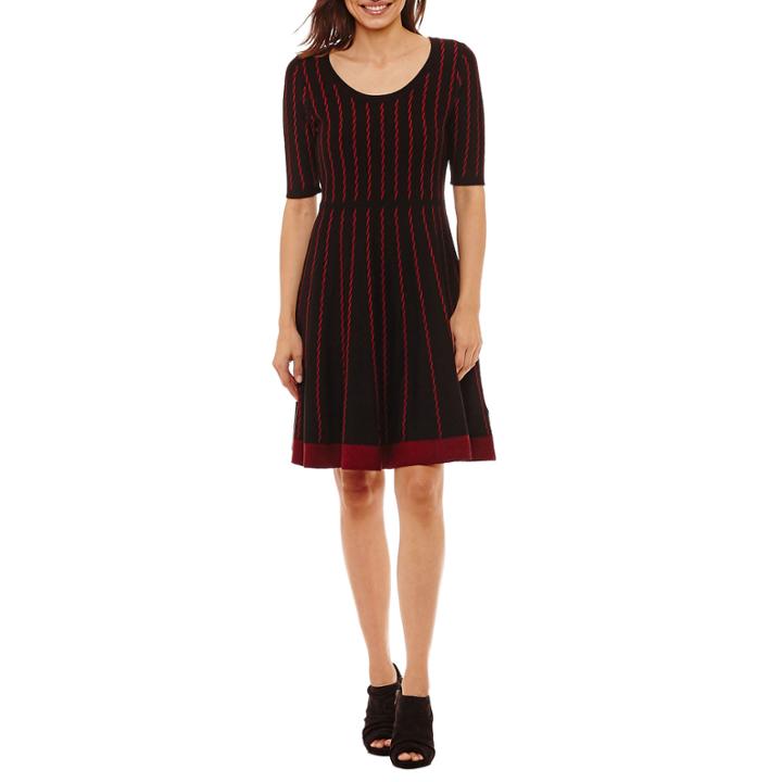 Danny & Nicole Elbow Sleeve Fit And Flare Sweater Dress-petites