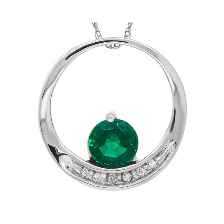 Lab-created Emerald And Diamond-accent Circle 14k White Gold Pendant Necklace