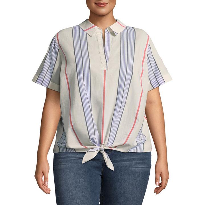 A.n.a Short Sleeve Knot Front Woven Blouse - Plus