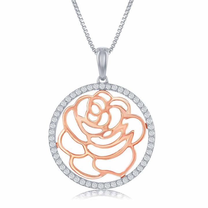 Enchanted Disney Fine Jewelry 1/5 C.t.t.w. Diamond Sterling Silver With 14k Rose Gold Accent Belle Rose Disc Pendant Necklace
