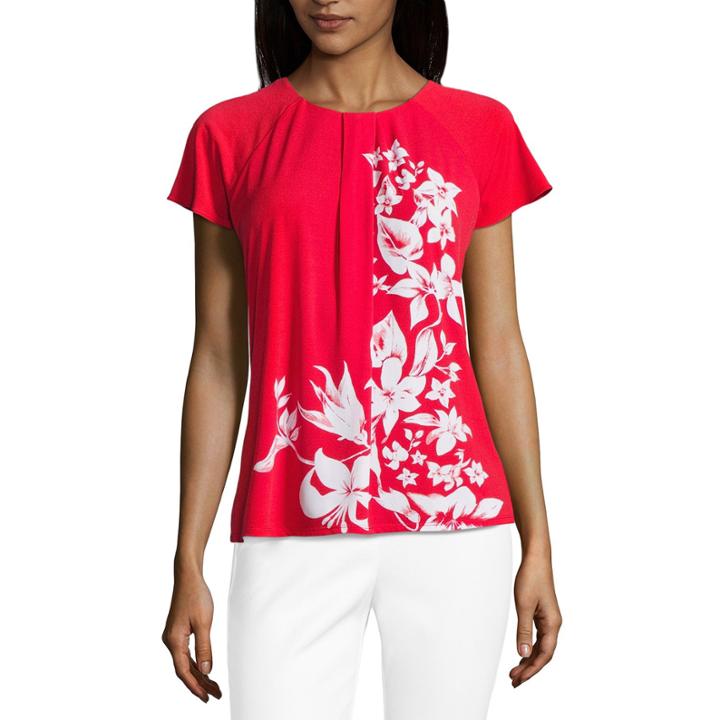 Liz Claiborne Short Sleeve Pleat Neck Floral Knit Blouse
