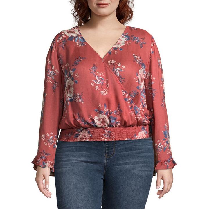 Arizona Long Sleeve V Neck Crepe Bohemian Blouse-juniors Plus