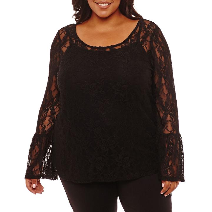 Boutique + Long Sleeve Round Neck Lace Blouse-plus