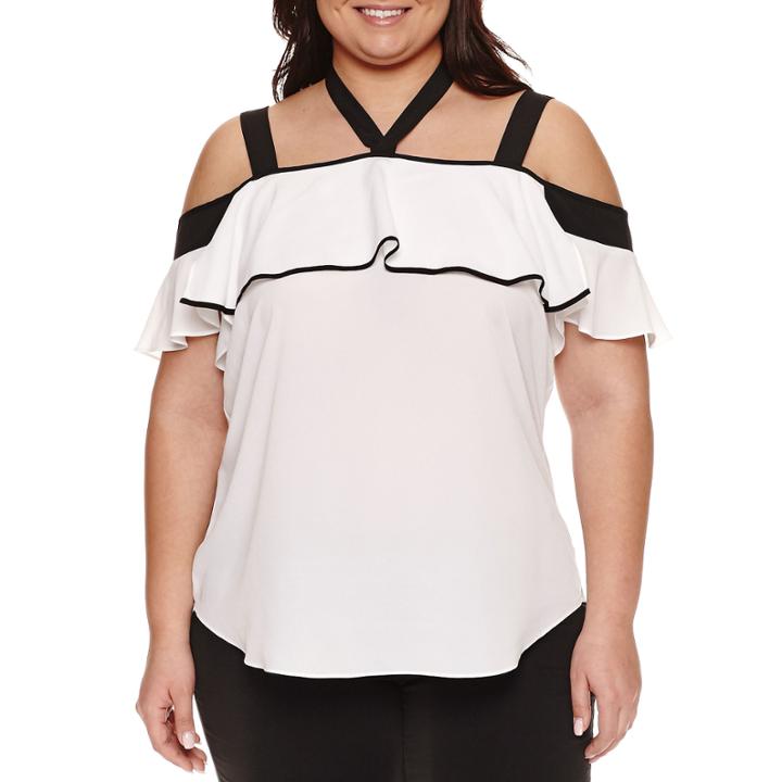 Bisou Bisou Short Sleeve Cold Shoulder Woven Blouse-plus