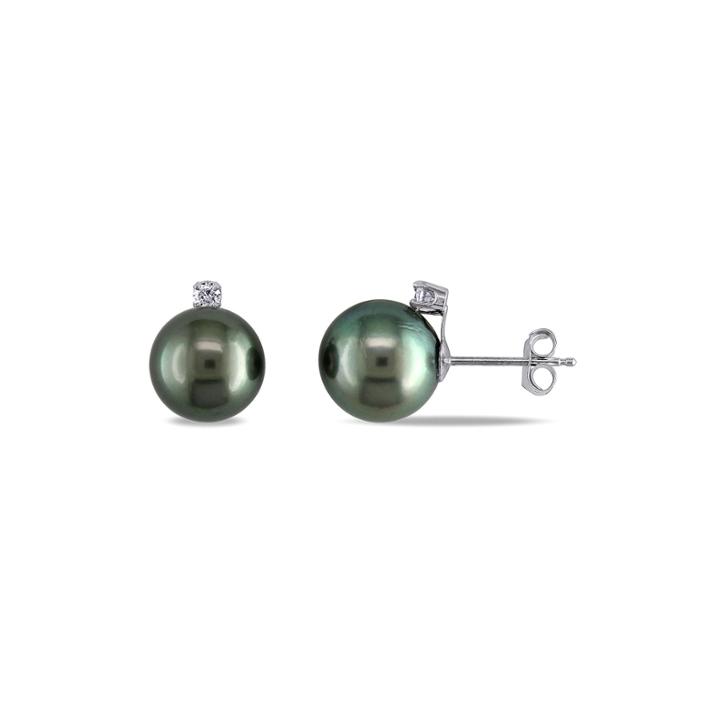 1/10 Ct. T.w. Diamond And Genuine Black Tahitian Pearl Earrings