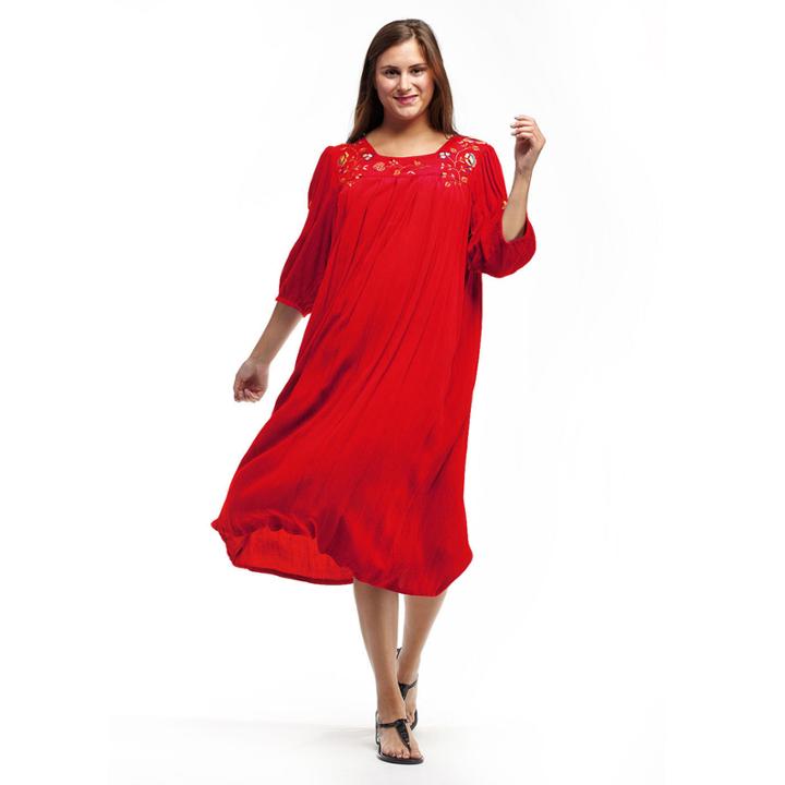La Cera Women's 3/4 Sleeve Rayon Dress With Embroidered Sleeve & Yoke - Plus