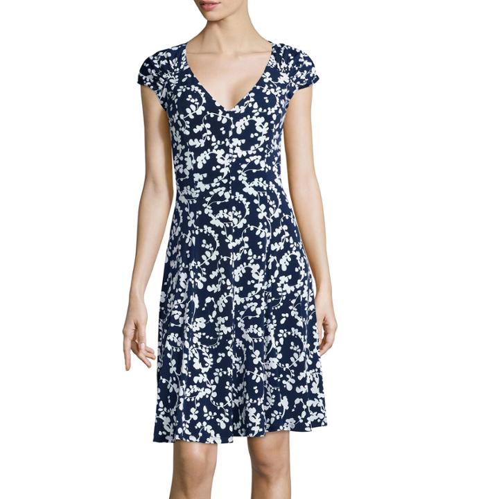 London Times Cap-sleeve Floral Print A-line Dress
