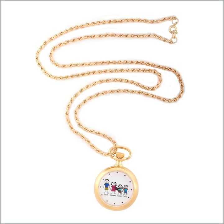Personalized Gold Tone Stick Figure Family Pendant Watch