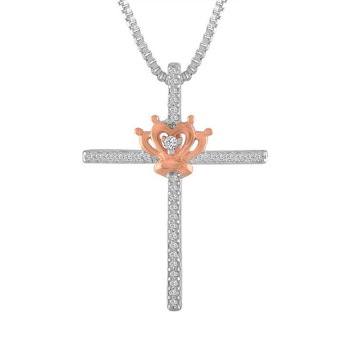 Womens 1/10 Ct. T.w. Genuine White Diamond 14k Rose Gold Over Silver Sterling Silver Cross Pendant Necklace