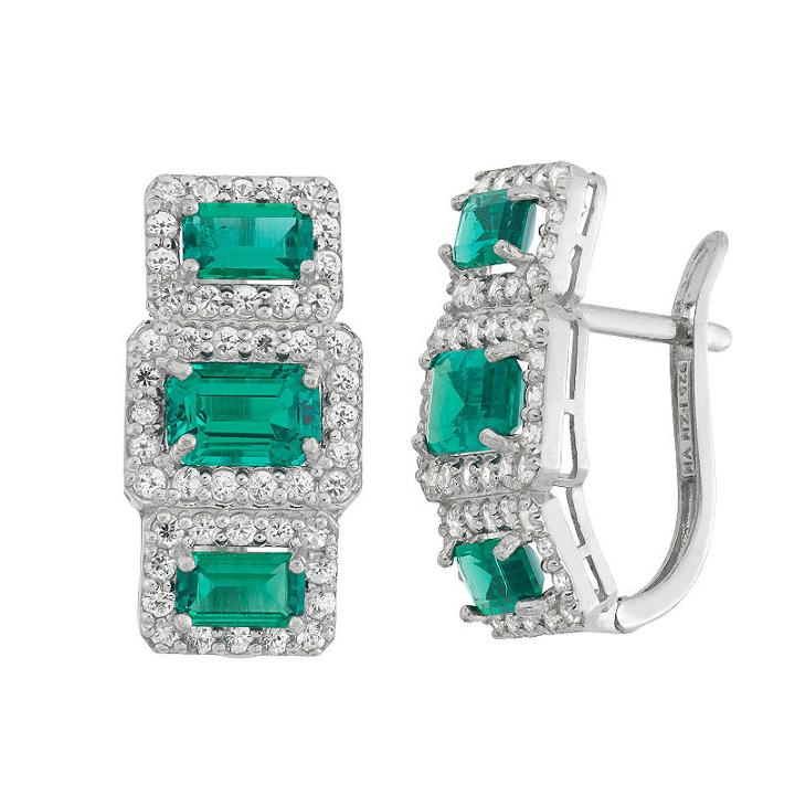 Green Emerald Sterling Silver Rectangular Clip On Earrings