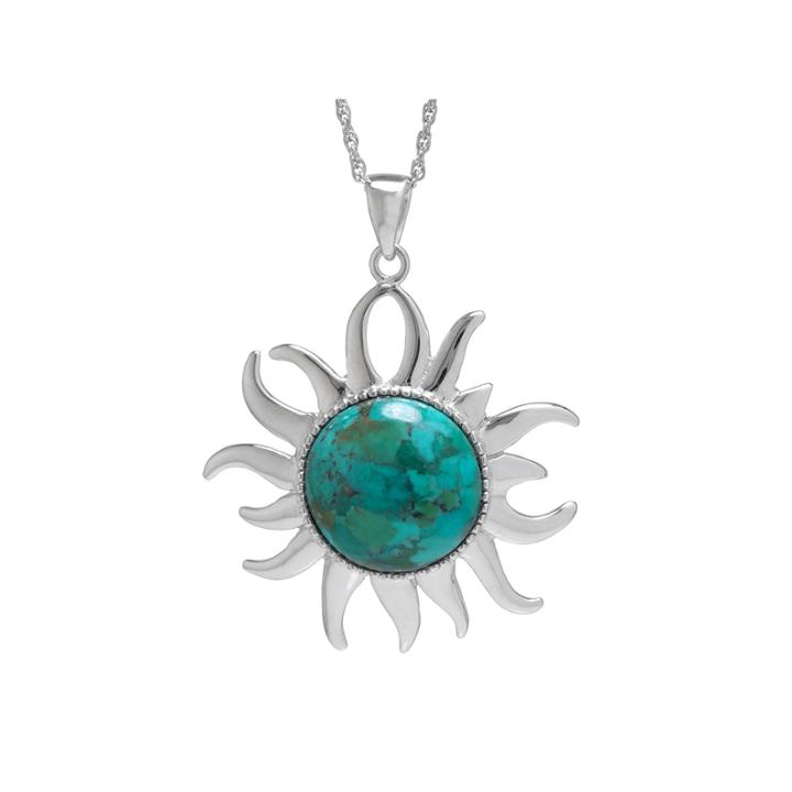 Enhanced Turquoise Filigree Sterling Silver Sun Pendant Necklace