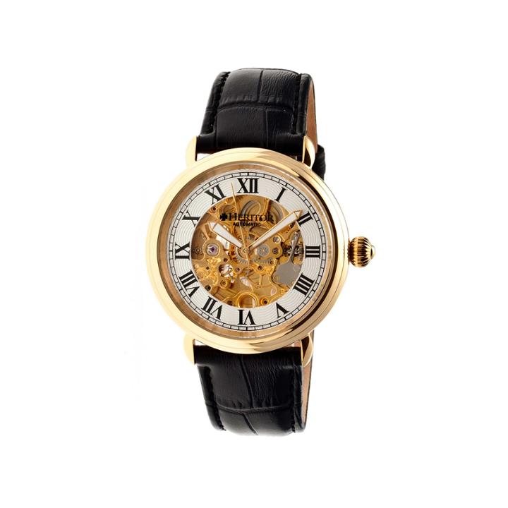 Heritor Automatic Ossibus Mens Skeleton Dial Leather-band Gold/silver Tone Watch