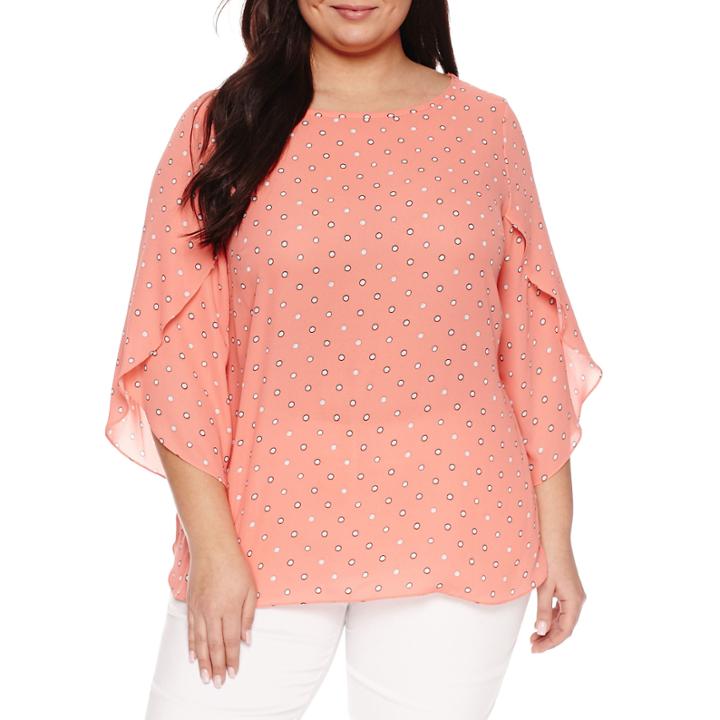 Worthington 3/4 Sleeve Crew Neck Woven Blouse-plus