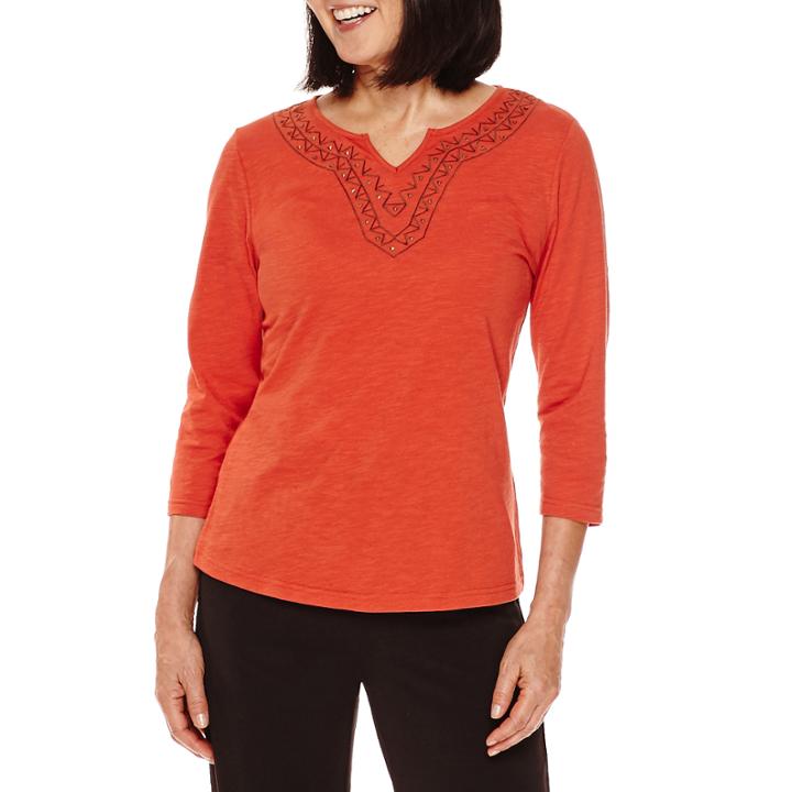 Sag Harbor Artful Animal 3/4-sleeve Embroidery Top