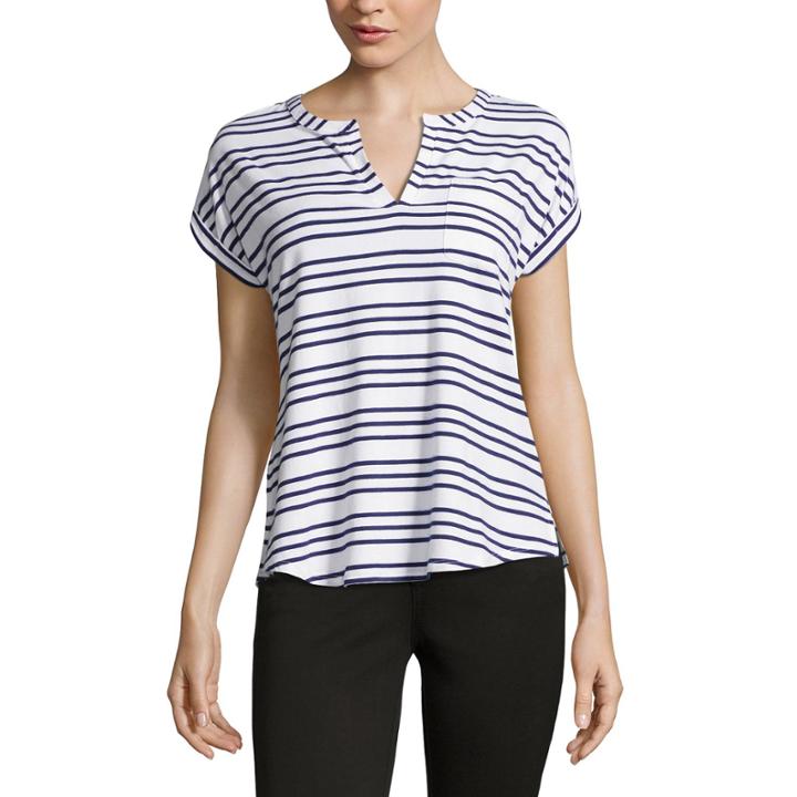 Liz Claiborne Short Sleeve Split Crew Neck Stripe T-shirt-womens
