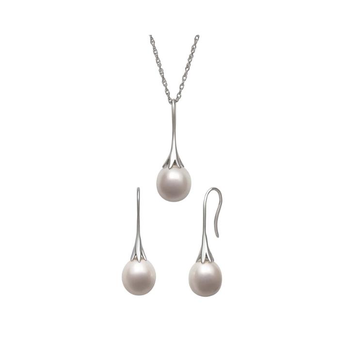 Cultured Freshwater Pearl Sterling Silver Drop Earring And Pendant Necklace Set