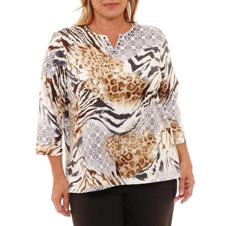 Alfred Dunner Fall Tees 3/4 Sleeve Animal T-shirt- Plus